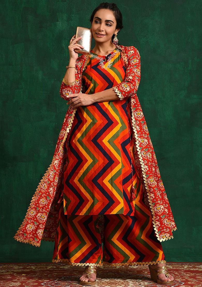 Red Printed Blended Kurta Set - Indya