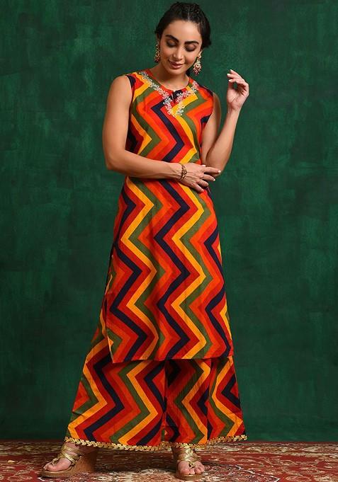 Red Printed Blended Kurta Set