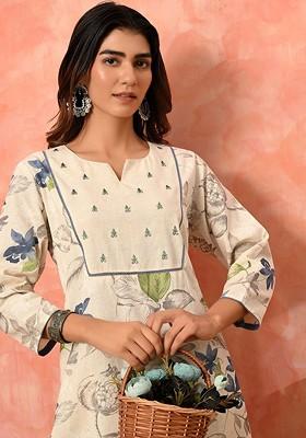 Off White Printed Blended Kurta Set