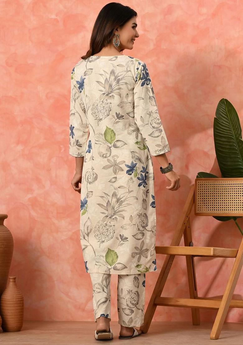 Off White Printed Blended Kurta Set - Indya