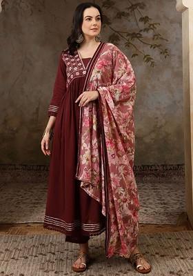 Rust Embroidered Blended Kurta Set