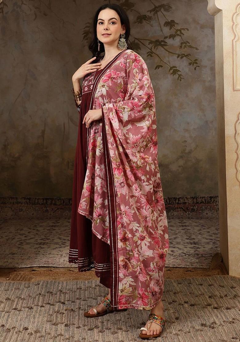 Rust Embroidered Blended Kurta Set - Indya