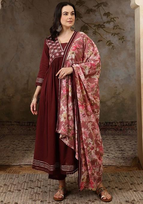 Rust Embroidered Blended Kurta Set