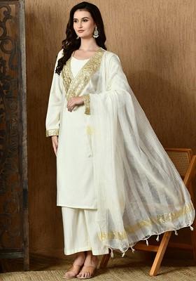 White Embellished Blended Kurta Set