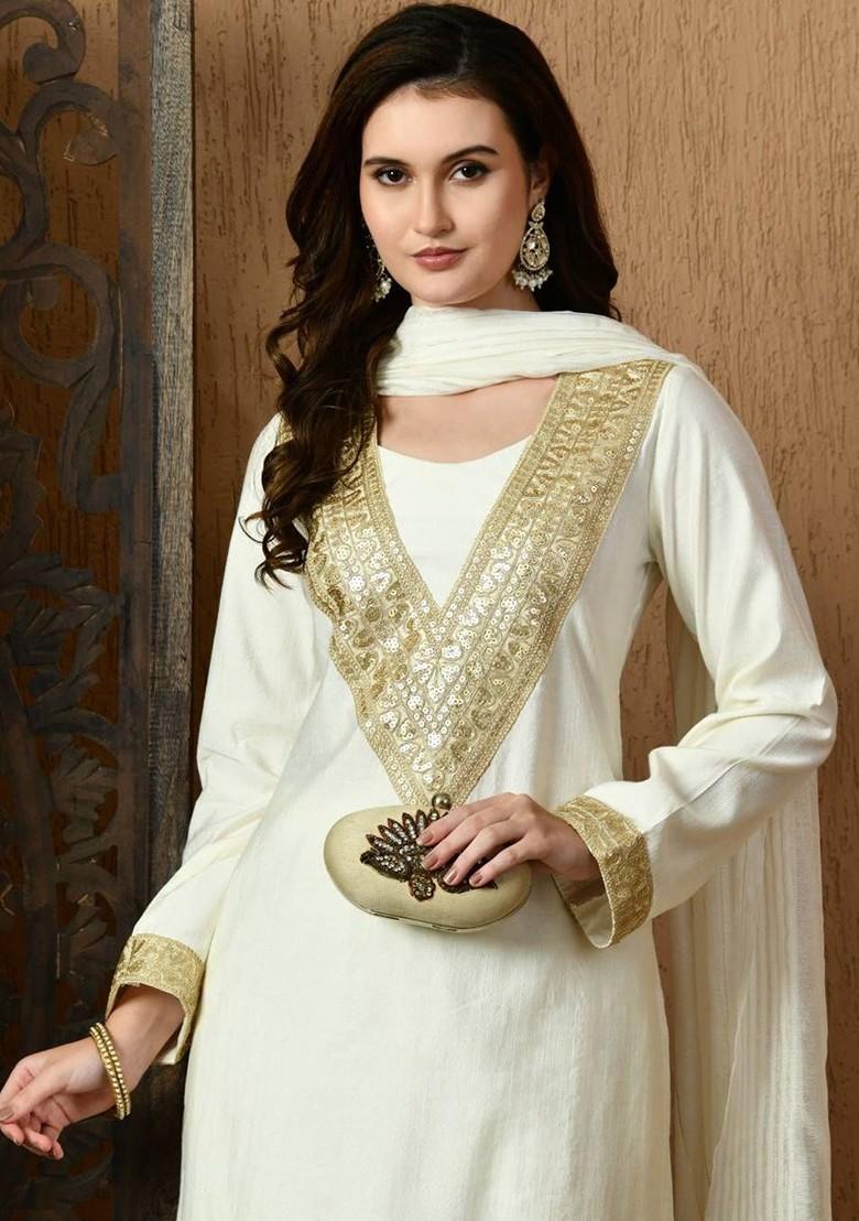 White Embellished Blended Kurta Set - Indya