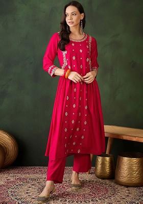 Red Embroidered Blended Kurta Set