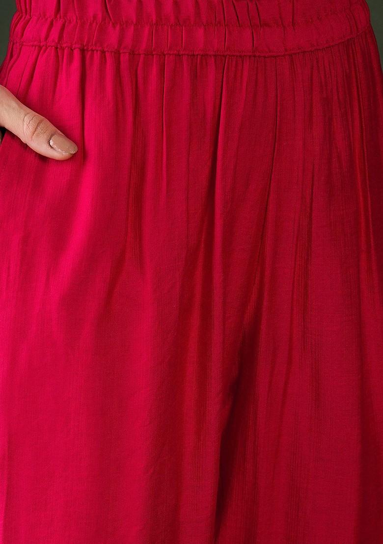 Red Embroidered Blended Kurta Set - Indya