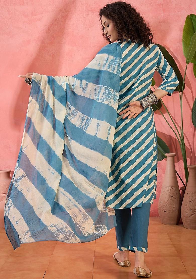 Teal Sequinned Blended Kurta Set - Indya