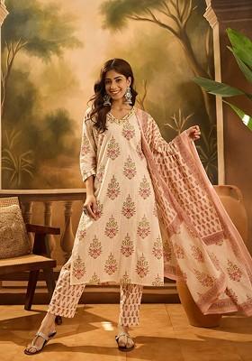 Cream Printed Blended Kurta Set