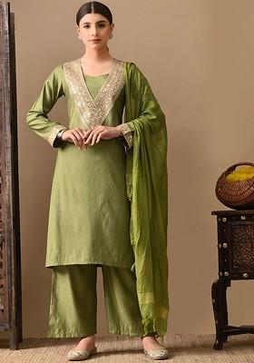Green Embroidered Blended Kurta Set