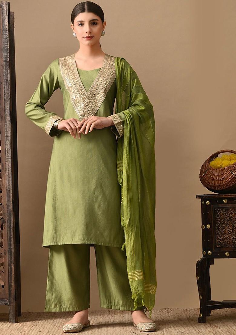 Green Embroidered Blended Kurta Set - Indya