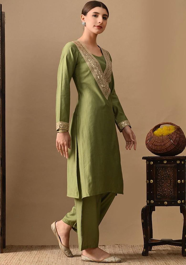 Green Embroidered Blended Kurta Set - Indya