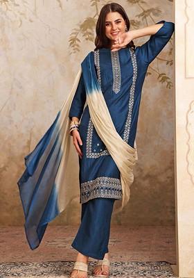 Teal Embroidered Blended Kurta Set