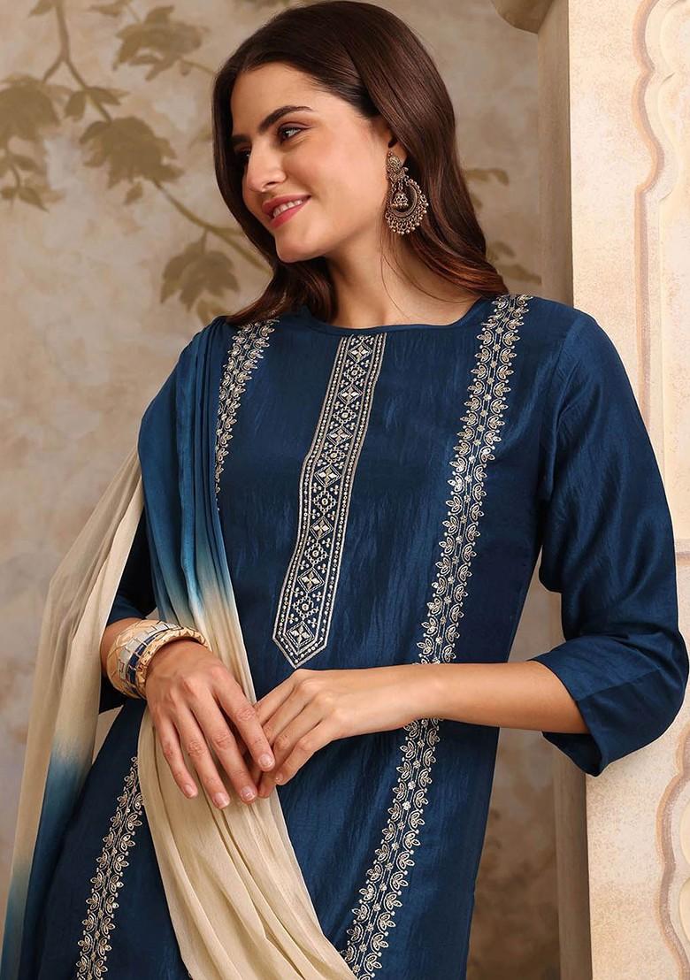 Teal Embroidered Blended Kurta Set - Indya