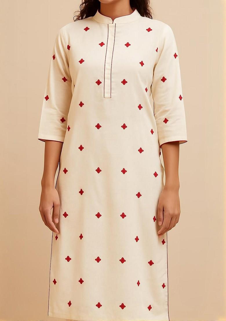 Off White Embroidered Blended Kurta Set