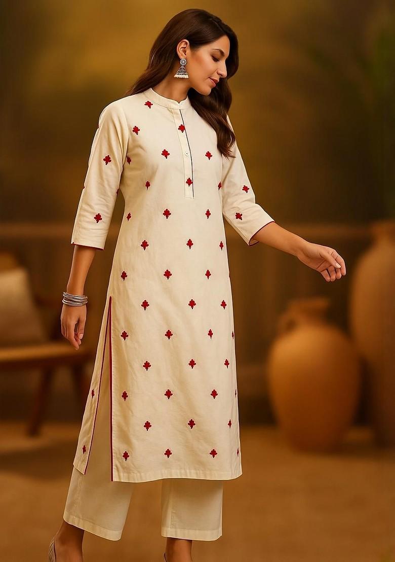 Off White Embroidered Blended Kurta Set - Indya