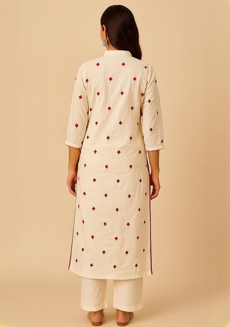 Off White Embroidered Blended Kurta Set