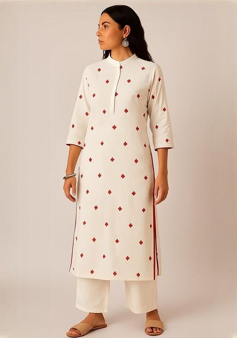 Off White Embroidered Blended Kurta Set