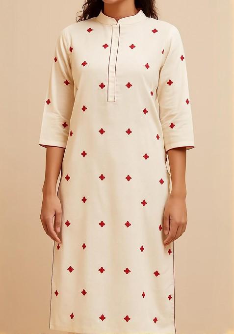 Off White Embroidered Blended Kurta Set