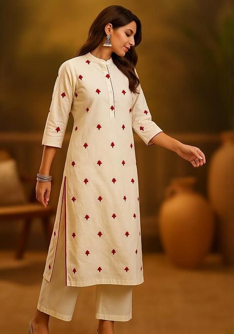 Off White Embroidered Blended Kurta Set