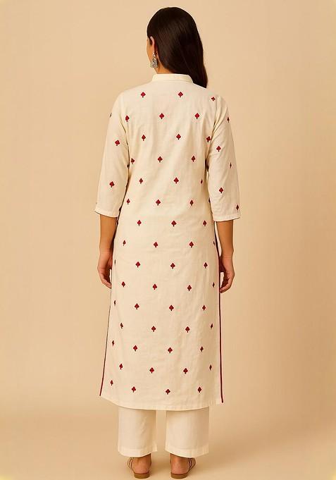 Off White Embroidered Blended Kurta Set