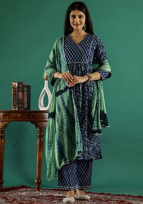 Navy Blue Printed Blended Kurta Set