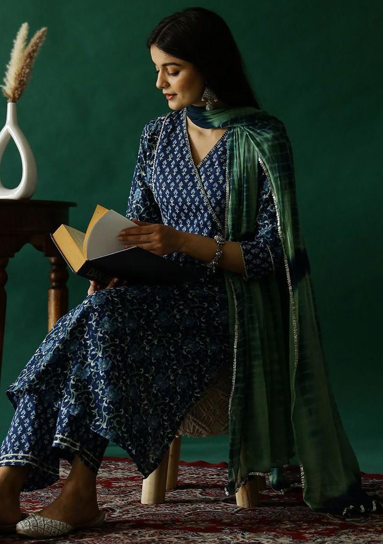 Navy Blue Printed Blended Kurta Set - Indya
