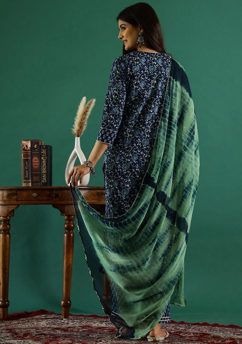 Navy Blue Printed Blended Kurta Set - Indya