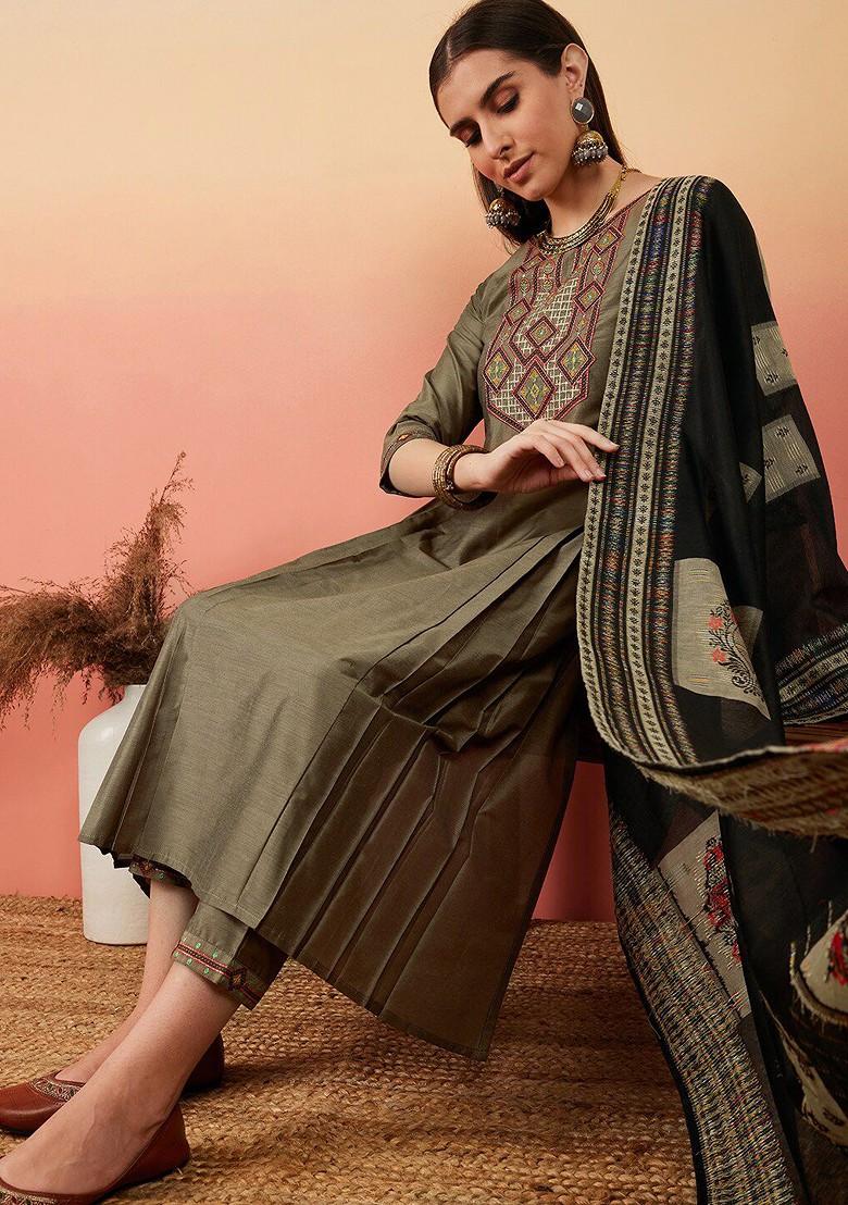 Beige Yoke Design Blended Kurta Set - Indya