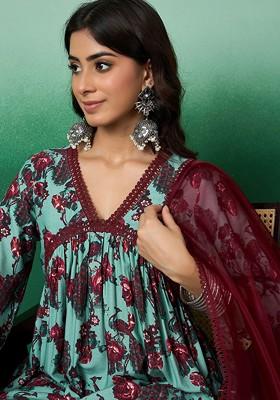 Teal Printed Blended Kurta Set