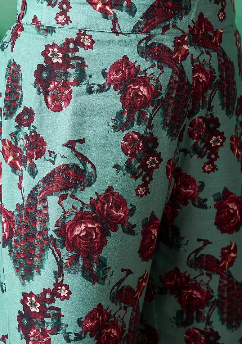 Teal Printed Blended Kurta Set - Indya