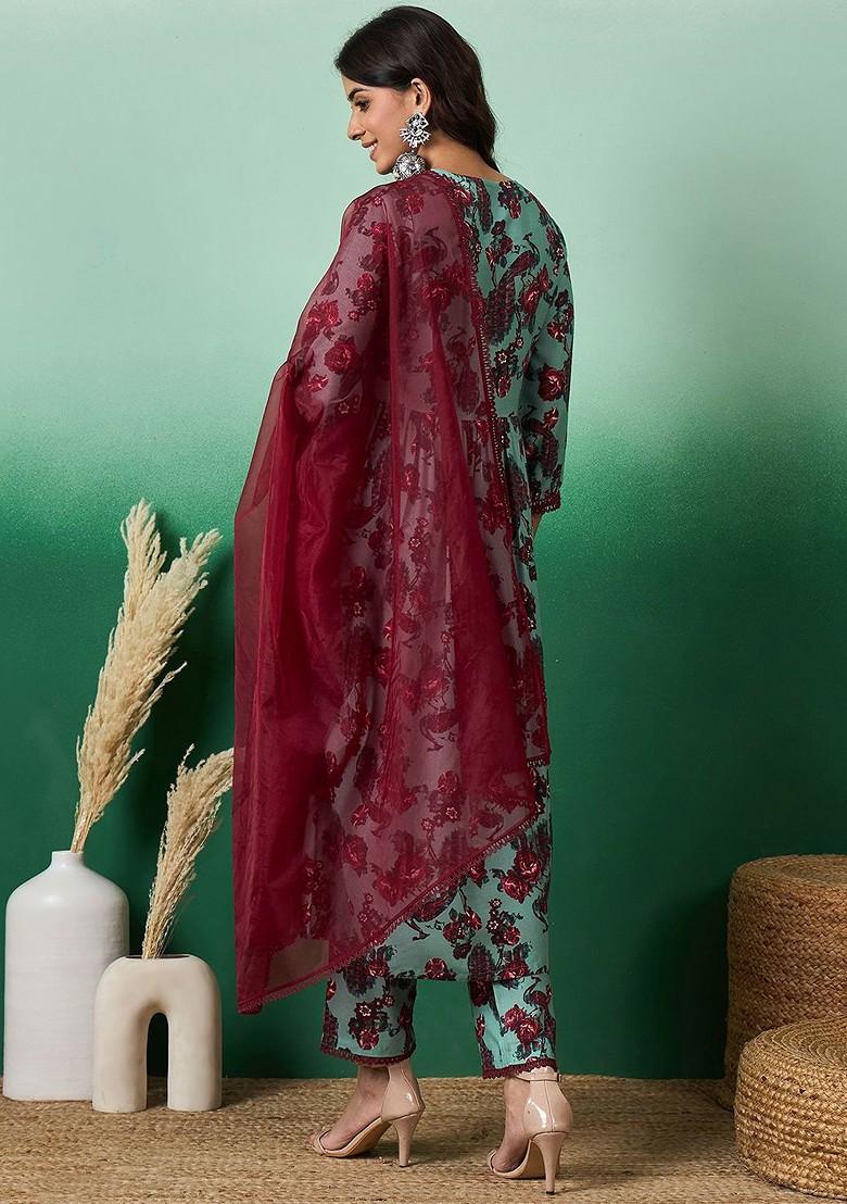 Teal Printed Blended Kurta Set - Indya