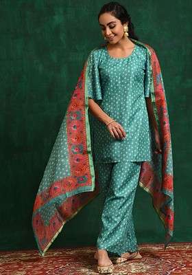 Green Printed Blended Kurta Set