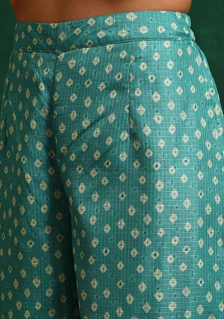 Green Printed Blended Kurta Set - Indya