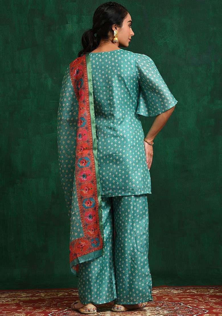 Green Printed Blended Kurta Set - Indya