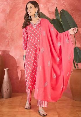 Peach Embroidered Blended Kurta Set