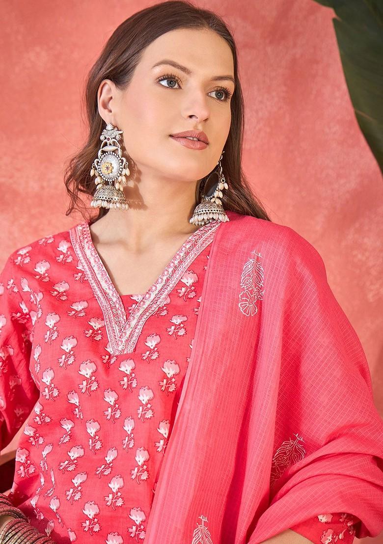 Peach Embroidered Blended Kurta Set - Indya