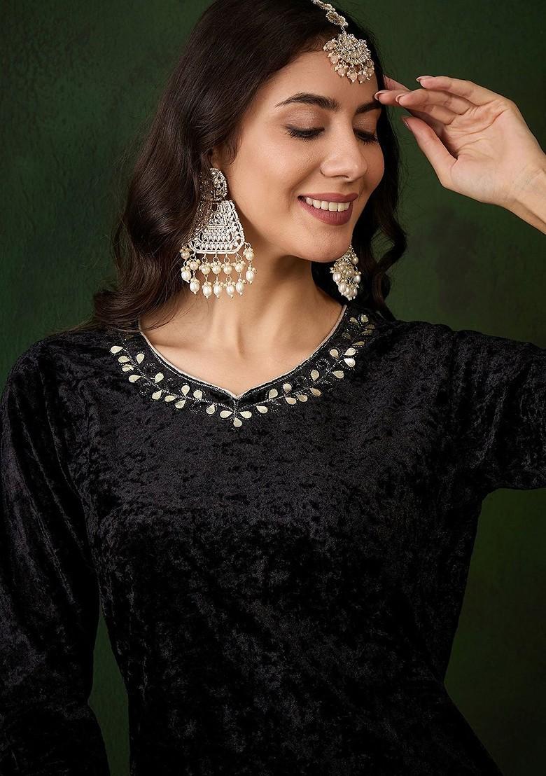 Black Yoke Design Blended Kurta Set - Indya
