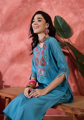 Teal Sequinned Blended Kurta Set