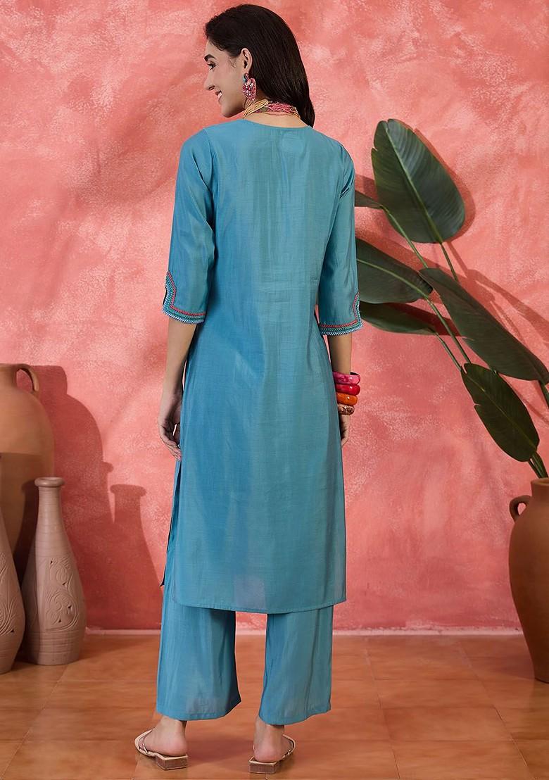 Teal Sequinned Blended Kurta Set - Indya