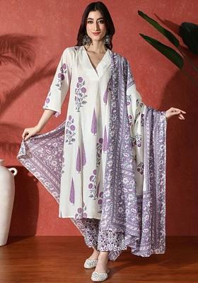 Lavender Embroidered Blended Kurta Set