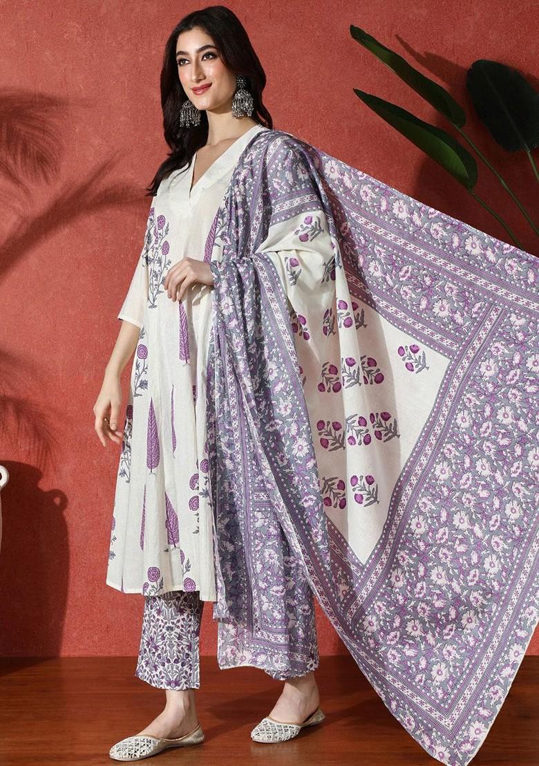 Lavender Embroidered Blended Kurta Set - Indya