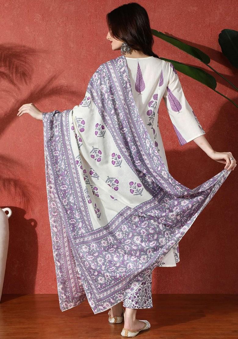 Lavender Embroidered Blended Kurta Set - Indya