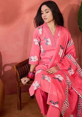 Peach Printed Blended Kurta Set