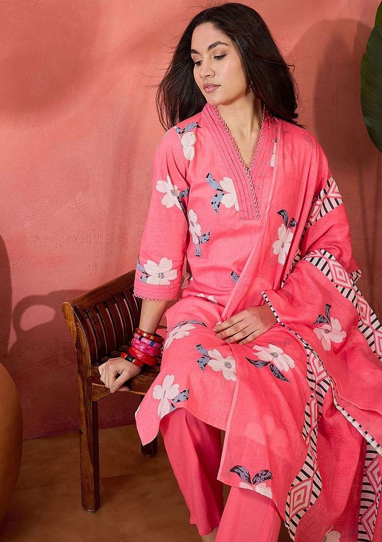Peach Printed Blended Kurta Set - Indya