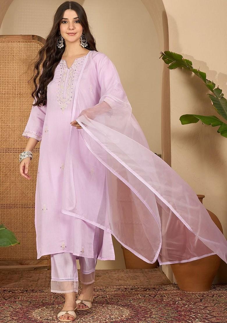 Pink Thread Work Blended Kurta Set - Indya