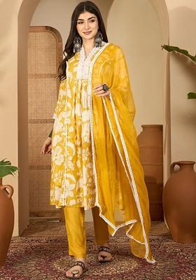 Yellow Printed Blended Kurta Set