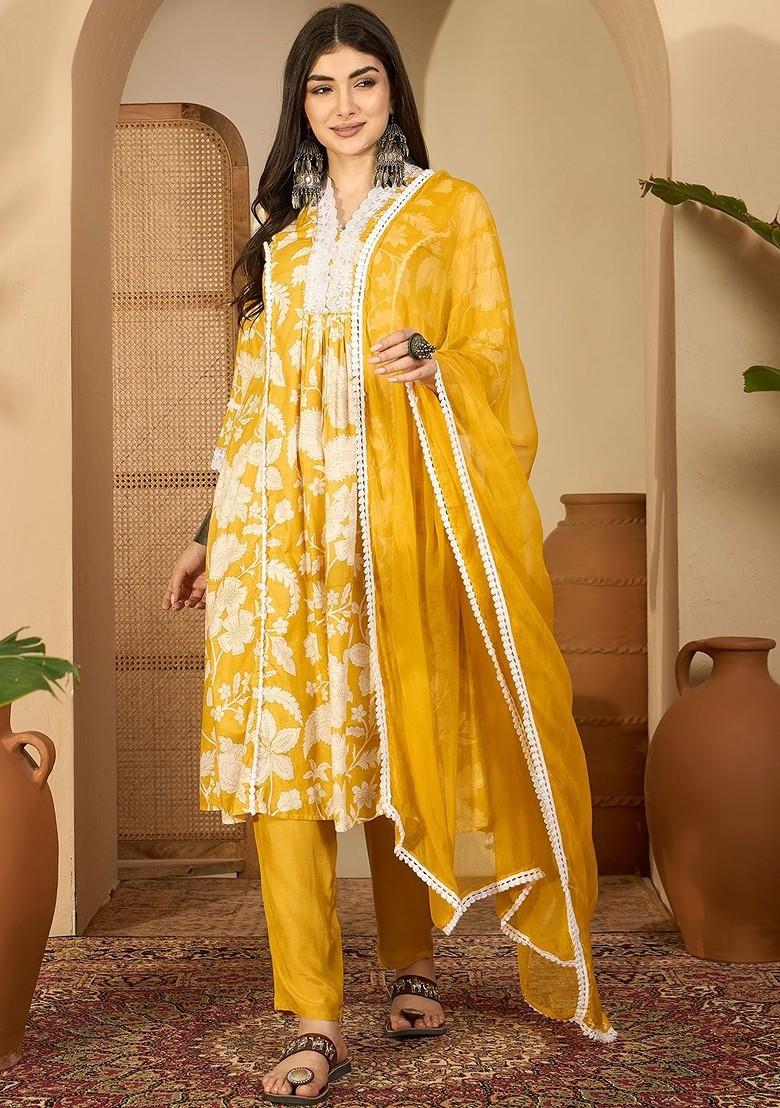 Yellow Printed Blended Kurta Set - Indya