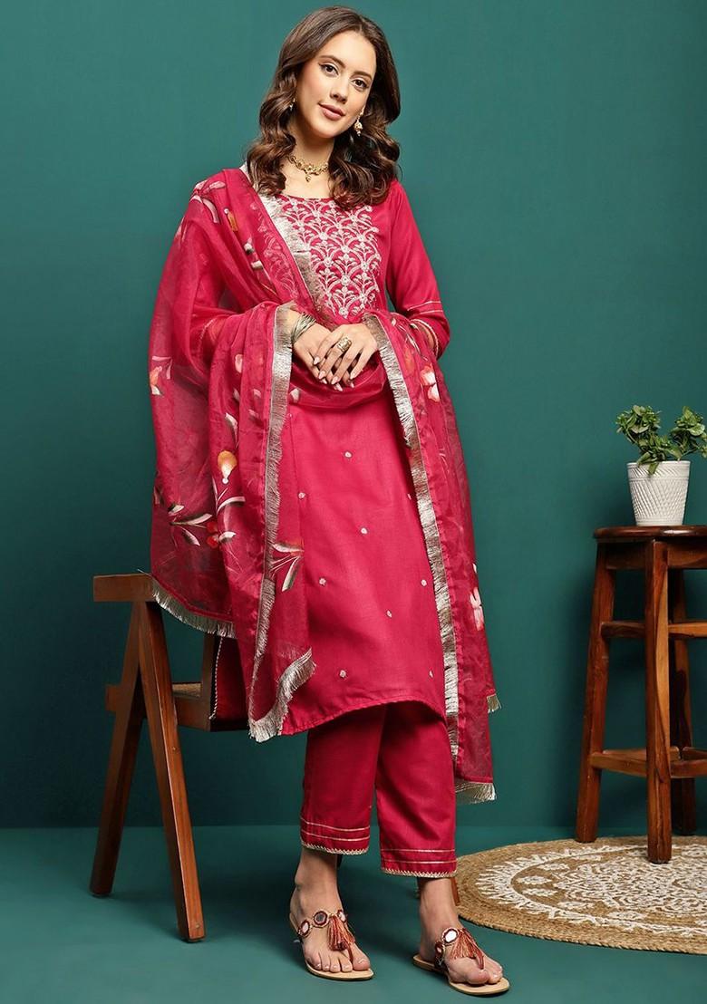 Maroon Embroidered Blended Kurta Set - Indya