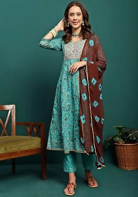 Turquoise Blue Embroidered Blended Kurta Set